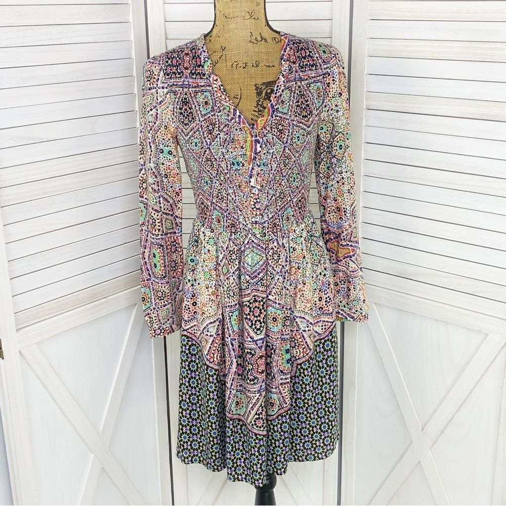 Maeve Anthropologie Tiled Amethyst Dress XS Smocked Long Sleeve Boho Mosaic